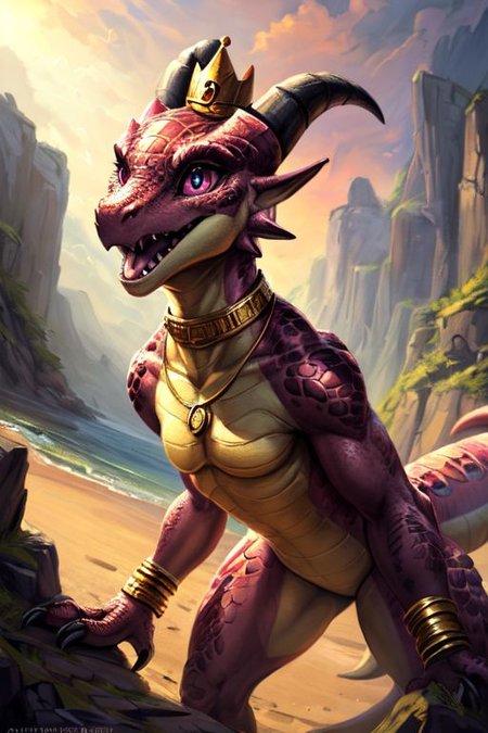 scalie, anthro, ((female)), ((kobold:1.3)), detailed pink scales, detailed scales, intricate scales, ((small breasts)), (nude), (detailed face), (detailed eyes:2), (big eyes:0.5), claws, open mouth, grin, (fangs:1.3), cute, young, muscular, athletic, elegant, beautiful, claws, (slit pupils), bright eyes, expressive eyes, (chubby:0.5), (plump:0.5), smiling, happy, 
dynamic pose, (sexy pose), standing, saliva, (drooling:0.3),
<lora:dragon:0.1>
<lora:addmoredetails:0.1>
<lora:Velociraptor_Dino:0.1>
<lora:deathclaw:0.1>
by thesecretcave, by lizet, by silverfox5213, by darkgem, by kenket,
((golden bracelet, golden anklet, golden necklace, golden earrings, iridescent gold, collar, golden tiara, golden crown)),
noon, sunlight, 
on a beach, 
(ambient light on the body),
Ray tracing, dutch angle, concept art, highly detailed, (hi res), ((masterpiece)), ((best quality)) masterpiece, best quality, masterpiece, best quality, cinematic composition, (masterpiece, best quality, ultra realistic, 4k, (high detail:1.3), sharp focus,
