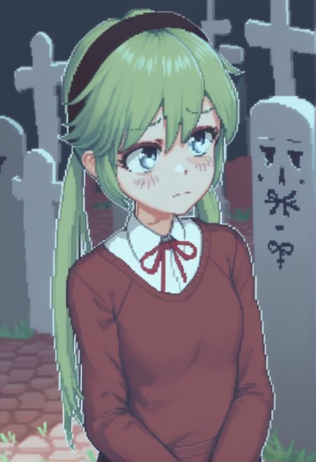 source_anime, score_9, score_8_up, score_7_up, score_6_up, score_5_up, score_4_up, 1 girl, solo, <lora:Io_Ichimonji_from_LiL_PonyXL:0.8>, long hair, low twintails, twintails, hair between eyes, blush, io_outfit4, hairband, school uniform, ribbon, sweater, neck ribbon, red ribbon, shirt, black hairband, <lora:cone:1> c0ne, pixel art,(graveyard, Fingers snapping),
