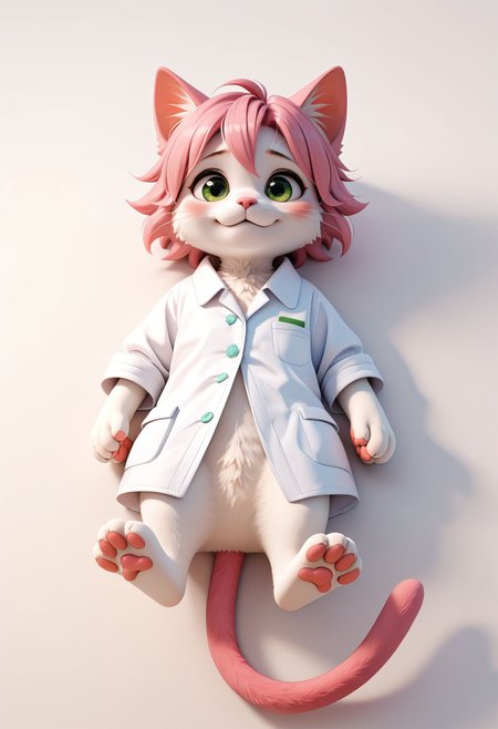 score_9,score_8_up,score_7_up,  <lora:3d_render_pdxl_goofy:1>3d render, animal, animal focus, animalization, blush, cat, cat teaser, clothed animal, full body, green eyes, lab coat, lying, no humans, on back, pawpads, pink hair, tail, whiskers, white fur