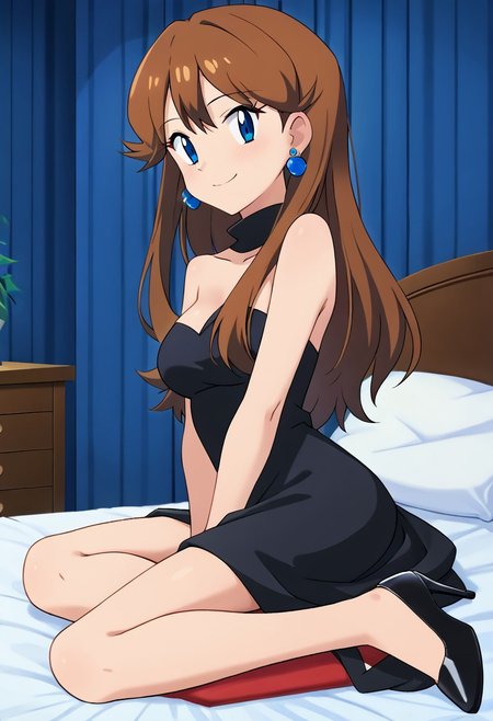 score_9, score_8_up, masterpiece, best quality, uncensored, correct anatomy, detailed background, anime_source, 1girl, solo, alone, perfect eyes, perfect arms, perfect legs, bare neck, collarbone, perfect face, indoors, medium breasts,  bare shoulders, gurin, blue eyes, brown hair, long hair, bangs, sidelocks, looking at viewer,  a short black sweetheart bodycon dress, black dress, strapless, sexual arousal, black high heels, blue earrings, round earrings, full body, Sitting on her bed, bedroom background, smile, looking at viewers, legs crossed, cowboy shot, indoors, night