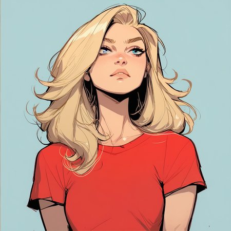 score_9, score_8_up, score_7_up, FFGNS, a woman, blue eyes, blonde hair, red shirt,