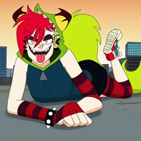 demencia, red hair, green ponytail, striped thighhighs, single striped sock, anklet, green monster hood, yellow eyes, sharp teeth, dark blue hoodie, single striped sleeve, red sneaker, blue sneaker, black skirt, smile, eyeshadow, spiked bracelet, zipper pull tab, torn pantyhose, glove, tongue out, Pov-giantess (macrogts:1.1) (laying on a city (prone) at sunset:1.1), the buildings underneath her body are crushed,