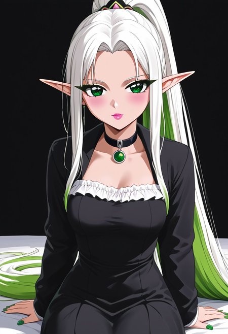 (masterpiece), best quality, expressive eyes, perfect face, 
1 Girl
(((White very long ponytail with Green ombre hair)))
(((White hair)))
(((Green ombre hair)))
(((Green gradient hair)))
((White and Green Multicolored hair))
((Hair between eyes))
((Green eyes))
((Elf ears))
((Pointy ears))
((Mole under eye))
((Medium breasts))
((White rose simple dress))
((Black jacket))
((Choker))
((Looking at viewer))
((Sitting in a lotus position))
((Serious face))
((T-pose))
((Night beach))
((Night))
((Green nail polish))
((Pink lips))
((Orange makeup))
((Elf earings))