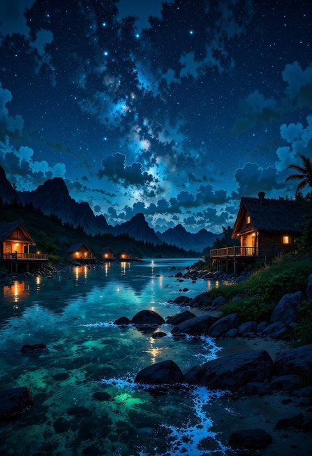 Bora Bora Starlit Lagoon – Reflections on Still Waters
"A serene tropical night in Bora Bora, where the overwater bungalows glow softly under a sky full of stars. The lagoon’s surface is smooth like glass, reflecting the Milky Way in stunning clarity. The distant silhouette of lush mountains adds depth to the scene, while the gentle hum of ocean waves and the chirping of nocturnal creatures fill the air."