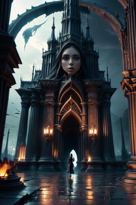 Dreamscape, 
realistic analog photo, award winning photo, 
head on photo, 
1girl standing in archway, historic bridge with gargoyle decorations, bridge going into distant sly arch, 
BREAK
Claudia, feminine woman, 24 yearsold, 
fit body, toned body, lithe body, supple body, 
pert d cups,
sunburnt skin, tanlines, birthmarks,
shoulderlength auburn wavey hair, 
oblong face, fine features, arched eyebrows
heterochromia, round eyes, 
fleshy upturned nose,
 thin lips, upturned lips, 
<lora:edgBonesv1:0.75> wearing edgBones, dress with skeleton bones, dress with skeletal bones, bones, 
BREAK
 <lora:Evil:0.75> evilrealm, dark fantasy, demonic architecture, nightsky filled with storm clouds, lightningstorm, glowing embers drifting in the atmosphere,   
<lora:more_details:0.7>,
high-quality, crisp, sharp, professional-grade, high-resolution, fine detail, accurate colors, low noise, fast shutter speed, wide dynamic range, precise focus, RAW, highres, 8k, uhd, High Dynamic Range, tonemapping, crisp details, ,
. Surreal, ethereal, dreamy, mysterious, fantasy, highly detailed