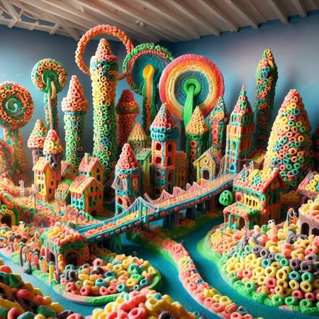 A beautiful theme park  made of fruit loops,  Rollercoast made of fruit loops. Magnificent, tall, mad design.