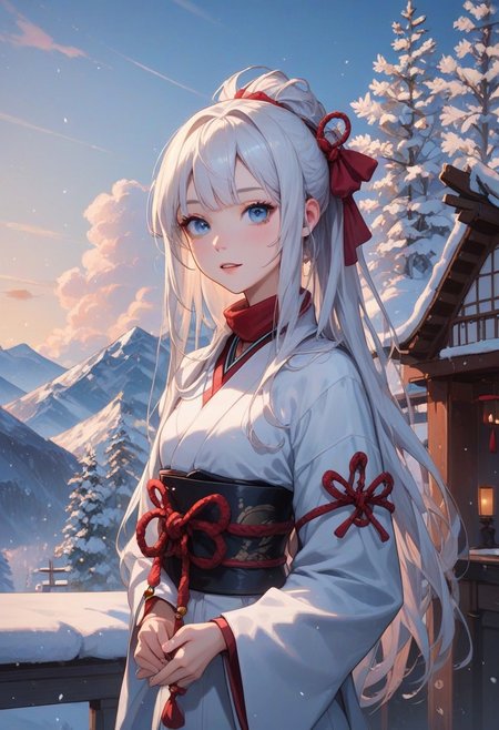 score_9_up, score_8_up, score_7_up, score_6_up, 1girl, 25 years old, perfect face, cute, petite,
looking at viewer, 
blue eyes,
white hair, long hair, hair ribbon, red ribbon, 
japanese clothes, white kimono, long sleeves, red ornament, 
winter, snow, mountains, scenery,  
DreamArt,