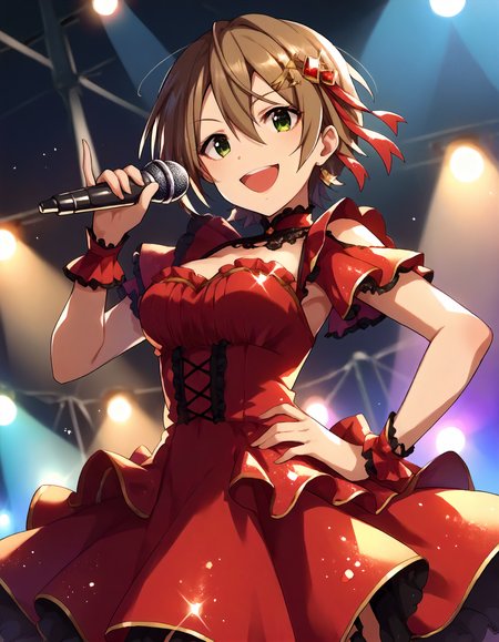 score_9,score_8_up,score_7_up,1girl,solo,cowboy shot,looking at viewer,smile,open mouth,hand on hip,holding microphone,stage lights,
<lora:kimuranatsuki_ponyXLV6:0.8>,cgknt,
brown hair,short hair,green eyes,
hair ornament,red dress,bare soulders,frills
