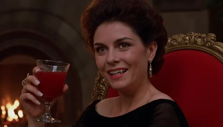 cinematic close-up shot of a 40 y.o. vampire woman sitting on a red armchair by a fireplace, smiling showing fangs, holding a glass of red liquid in her hand. Wearing an off-shoulder black dress. Warm artificial light at night coming from the fireplace. High resolution. 1980s movie <lora:dark_cinematic-000080:1>