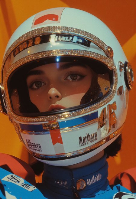 This image is a midshot portrait of a man captured in a retro aesthetic, exuding timeless charm and precision. The race car driver wears a glossy white helmet embellished with sparkling rhinestones and diamond simulants, arranged in elegant lines along the edges and integrated into the vibrant blue and red retro-style graphics adorning the helmet. The visor, partially lifted to reveal the man's intense, focused eyes, is similarly adorned with glimmering details, catching the light and adding a luxurious flair. A fitted white balaclava beneath the helmet, featuring a subtle black-and-white logo on the right side, frames his light to medium complexion. The Marlboro logo, styled in vintage red and white, is prominently displayed on the helmet's front, with a Bell logo on the left side adding authenticity. The blurred background features warm, muted orange and sepia tones, complementing the retro palette while drawing focus to the dazzling helmet and the driver’s determined expression. This image encapsulates a moment of poised anticipation, blending retro charm with the glamour of motorsport history.
