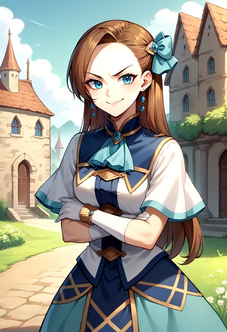 score_9, score_8_up, source_anime, 1girl, solo, KatarinaClaes, long hair, asymmetrical bangs, hair bow, earrings, blue dress, white sleeves, short sleeves, high collar, ascot, brooch, white gloves, bracelet, crossed arms, smile, smug, outdoors, villa, medieval, <lora:CHAR-KatarinaClaesPonyXL:1>