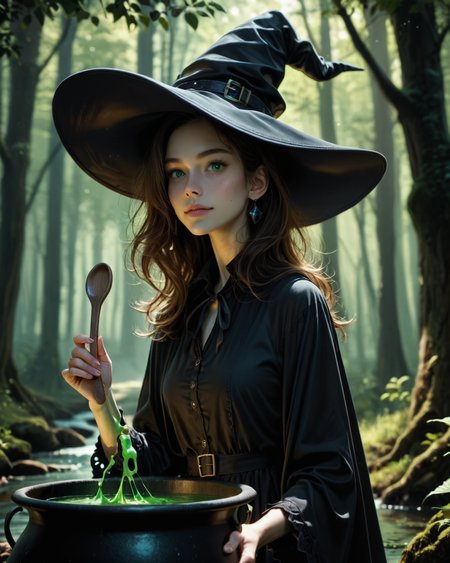 1score_9, score_8_up, score_7_up, intricate details, rating_safe,
<lora:Alenaaenami:1>,
1girl(human, cute little witch, solo, witch hat, holding a large wooden spoon, cowboy shot), standing next to large black cauldron, green glowing liquid bubling in the cauldron, in a dark forest, at night, dark night, shadows, outside, moonlit, 
depth of field, detailed background,
<lora:ral-chrosc-clr:0.5>, ral-chrosc-clr,
<lora:Expressive_H:0.5>, expessiveH,
<lora:xl_more_art-full_v1:0.3>,
<lora:add-detail-xl:0.3>,