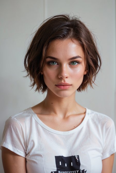 score_9, score_8_up, score_7_up, score_6_up, BREAK, RAW, photo, 8k, very sharp,   source_photo, source_real,  
woman, plain background, looking at viewer, front view, green eyes, brown hair, short hair, tshirt, portrait, 
<lora:MJ52:0.4>  <lora:CinematicStyle_v1:0.4>   <lora:officialpit_style_v11:0.3>