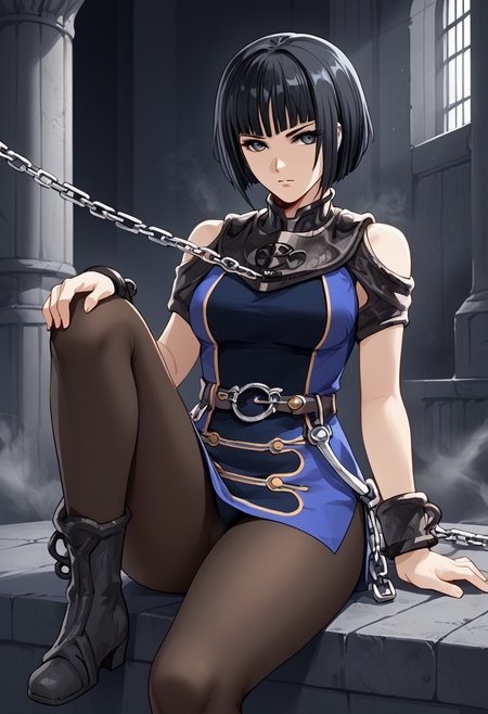 score_9,score_8_up,score_7_up,source_anime,5_figner,2d_animation,game cg,BREAK,1girl,solo,
Millennia,short hair,bob cut,black hair,lunt bangs,knee boots,chain,pantyhose,belt,short dress,bluedress,expressionless,weapon,armor,cuffs,handcuffs,sitting in a chair,
medium breast,upper bodt,
indoor,underground Palace,black smoke,
masterpiece,best qualit,ultra-detailed,illustration,an extremely delicate and beautiful,beautiful detailed eyes,unity 8k wallpaper,high resolution,anime CG,official_art,