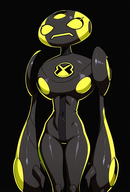<lora:ulteco-10:1> ulteco, pokemon (creature), black robot, yellow eyes, x eyes, closed yellow mouth, yellow strips, neon strips, x shaped eyes, cross eyes, stripped body,  black background, masterpiece, best quality, amazing quality, very aesthetic, absurdres, newest,