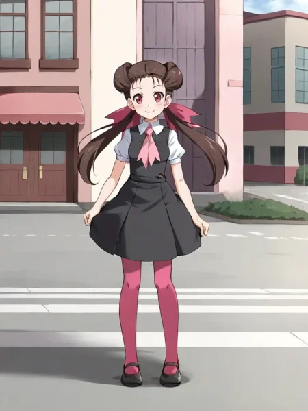 <lora:orasroxannetsukishiro:0.7>
1girl, solo, roxtsuannetsuji, brown hair, long hair, twintails, hair ribbon, black dress, white shirt, short sleeves, pink ascot, dark pink pantyhouse, black shoes, full body, standing, outdoors, city, looking at viewer, smile