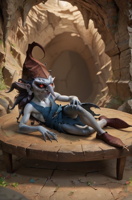 score_9, score_8_up, score_7_up, (goblin_xv, daemon), gray skin, detailed skin, red eyes, glowing eyes, detailed eyes, pointed ears, pointed nose, fingernails, hat, brown hat, rags, blue rags, shoes, brown shoes, pointed shoes, fingernails, <lora:FF_GoblinPony09:0.8>, indoors, cave, lying on side, lying on a table, look at viewer, closed mouth, zPDXL2, zPDXLpg, zPDXLrl, shaded, best quality, highly detailed, extreme detail, photorealistic