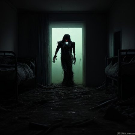 horror scene, knife, indoors, night time, gore, glowing eyes, dark hospital room, evil, undead, evil demon, abandoned hospital, soft errie dim lightning but just enough to see the danger ahead, even though it is night and dark there are light sources throughout the scene so it is not too dark. Horror cinematic lightning. terrifying level 12 out of 10