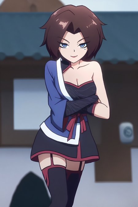 <lora:meihuashiyi:1>,meihuashiyi,1girl,solo,blue eyes,mole under eye,brown hair,short hair,parted bangs,
single bare shoulder,cleavage,collarbone,meihuashiyi,thighhighs,garter straps,japanese clothes,
looking at viewer,smile,, masterpiece,best quality,amazing quality,absurdres, anime screenshot, lazypos ,