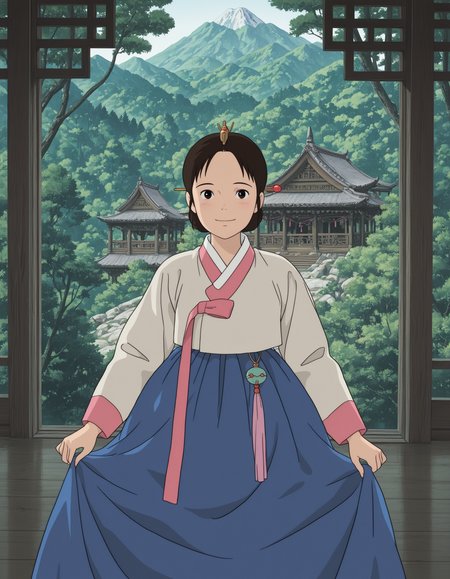 1girl, smiling,  hanbok, traditional architecture, studio_ghibli, mountain, forest, hair pin, pink ribbon, tassle, masterpiece, best quality, amazing detail, high definition