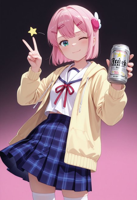 asterpiece, best quality, amazing quality, very awa,absurdres,newest,very aesthetic,
smug, one eye closed, wink star, v, simple background, gradient background, pink background, black background, holding can, beer can,
  <lora:Chiyoda Momo v2:1> 1girl, short hair, pink hair, hair ornament, hairclip, green eyes, small breasts, school uniform, sailor collar, neck ribbon, shirt, yellow jacket, open jacket, long sleeves, plaid skirt, blue skirt, white thighhighs,
