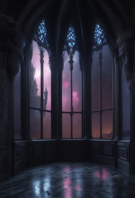 an abandoned Gothic castle with views of extraterrestrial galaxies from the windows. 4k, high-detail hyperrealism, HD quality, high-detail masterpiece. 4k, high-detail hyperrealism, HD quality, high-detail masterpiece