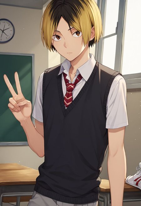 score_9, score_8_up, score_7_up, 1boy, solo, male focus, kenma, blonde hair, multicolored hair, two-tone hair, vest sweater, v sweater, black sweater, striped necktie, red and white necktie, collared shirt, uniform, white shirt, grey pants, black hair, brown eyes, bangs, white sneakers, short sleeves, window, indoors, school, desk, derpibooru_p_95, looking at viewer, detailed eyes, cowboy shot, Dutch angle, v,