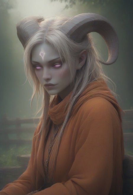 (absurdres, best quality, masterpiece:1.4), score_9, score_8_up, score_7_up, score_6_up, detailed, detailed body, detailed face, world of warcraft, fantasy, <lora:add-detail-xl:1.5>, 
culDraenei, purple eyes, no sclera, no pupils, 
(orange robe, orange silk scarf), sitting on fence, 
upper body,
outdoors, forest