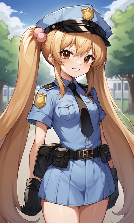 score_9, score_8_up, BREAK
1girl, kokonoerin, brown eyes, brown eyes, very long hair, 
police uniform, cosplay, 
looking at viewer, light smile, cowboy shot, 
outdoors, 
<lora:KokonoeRin_Pony:1>