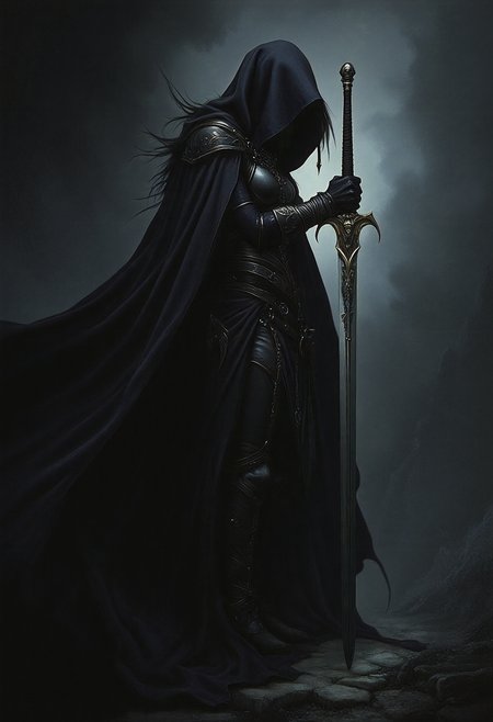 masterpiece, realistic scenery, ultra high quality, a highly trained gorgeous 23yo assassin woman inspects her deadly sword, beyond the black rainbow, ArsMJStyle, dnddarkestfantasy, <lora:DnDDarkestFantasy>