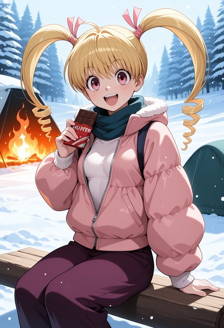 1girl, solo, pink eyes, blonde hair, long hair, twin drills, hair ribbon, pink ribbon,  looking at viewer, hunter x hunter, small breasts, 
outdoors, snow, camping, fire,sitting, snowing, watching chocolate bar, :d, holding chocolate, puffy jacket, winter trousers, winter outfit, scarf, zipped,
,masterpiece,best quality,amazing quality,
 <lora:bisky_meipaws:.9>