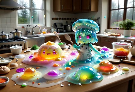 slimegirlsfw, translucent pastel body, glowing eyes, tiny chef hat, standing on kitchen table. Chaotic cooking scene: spilled flour, floating bubbles, tiny jelly arms holding oversized spoon. Cartoonish kitchenware, dough splatters, colorful vegetables. Soft sunlight from window, playful messy atmosphere. Cute expression, clumsy cooking attempts, gelatinous textures. Bright colors, neon accents, no humans, whimsical charm, Sl1m3d, slime-morph