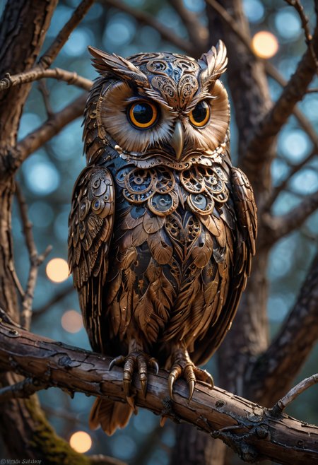 Steampunk style A stunningly intricate mechanical steampunk owl perches gracefully on a gnarled tree branch, its piercing gaze fixed directly upon the viewer. The creature's eyes are exquisitely detailed, reflecting the ethereal glow of a dark nebula that shimmers in the background. Soft bokeh adds an air of mystery to this captivating scene. . Antique, mechanical, brass and copper tones, gears, intricate, detailed