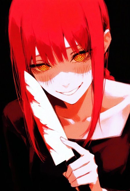 concept art, sketch, best quality, high quality, anime, solo, 1girl, Makima \(Chainsaw Man\), tilted angle, detailed eyes, looking at viewer, smug, grin, yandere, spiral eyes, holding knife, kitchen knife, bloody knife, blush, #96YOTTEA