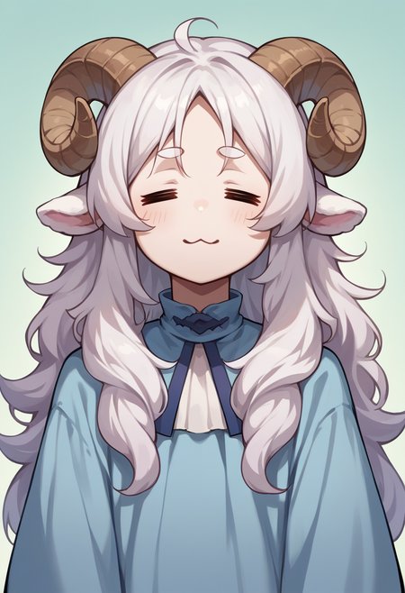 score_9, score_8_up, source_anime, 1girl, solo, =w=, :3, = =, eyes closed, white hair, long hair, messy hair, sheep girl, sheep horns, pale skin, light blue dress, <lora:ChamElfExpressionPonyXL:1>