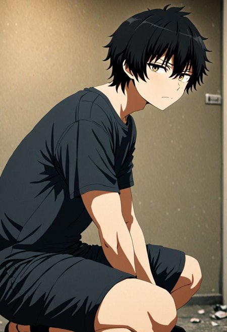 high resolution, solo, best quality, 1Boy, Seiya Kanie, black hair, short hair, thin, lofi, candid, squat, depth of field, photo model, looking at viewer, OverallDetail