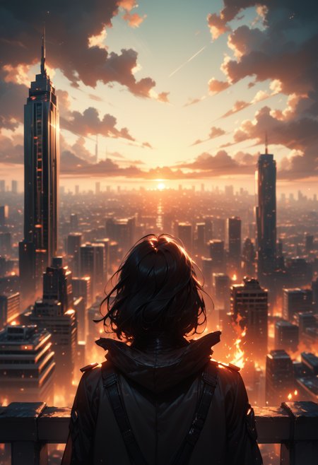 (score_9, score_8_up), score_7_up, 1girl, solo, black hair, sitting, outdoors, sky, cloud, from behind, fire, building, scenery, sunset, city, facing away, cityscape, skyscraper, city lights,
blurry, depth of field, CINE,
 <lora:CINE-000012:0.8>