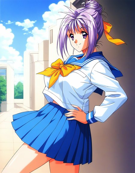 score_9, score_8_up, score_7_up, source_anime, rating_explicit, BREAK  <lora:Katagiri_Ayako_XL:1>ãKatagiriAyako, light purple hair, single hair bun, short hair, large breasts, purple eyes
1990s \(style\),
1girl, solo, school uniform, serafuku, bow, skirt, yellow bow, hand on hip, sailor collar, blue skirt, smile, long sleeves, pleated skirt
outdoor, blue sky, day,