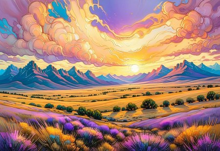 A sweeping view of Montana's vast prairies and rugged mountains illuminated by a golden sunset blending with hues of lavender and dusty rose, painted with dynamic brushstrokes inspired by the captivating styles of Thomas Moran and Erin Hanson.
