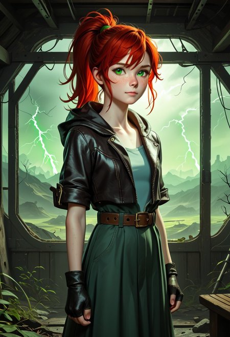 1girl, Masterpiece, 8k, ultra high detail, score_7 up, 
volumetric lighting, vivid colors, vibrant colors,  score_8_up, score_9,  small breast size, sporty red ponytail hair,  fcNeg, stunning green eyes, freckles, white skin, small nose, innocent beauty, slim face,  cute face, skinny body, perfect body, extreme detailed body, intence green eyes,  perfect face, ultra high detailed face, perfect eyes, petite, 
Face fokus, fokus on face, 
Leather wasteland warrior clothes, dark tattered cloak violently thrashing, dark long torn cloak with hood down, dark hood down, 
w4stel4nd3r, fingerless gloves, belt, 2 different leather long skirts,  
d3t41l3d, zPDXL3, 
 Post Apocalyptic landscape, radioactive Storm, green lightning, taking shelter, 
Inside a ruin,