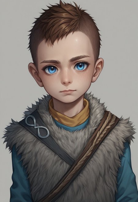 score_9, score_8_up, score_7_up, source_anime, highly detailed, 1boy, solo, cute boy, Atreus, Blue Eyes, auburn Hair, Undercut, Grey Fur Tunic, Brown Boots, Quiver