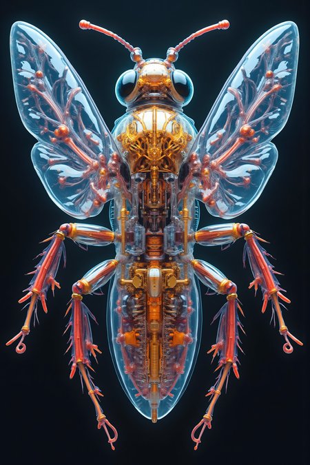 Acrylic, Translucent style, Detailed mechanical illustration showcasing a highly realistic robotic bee with transparent wings, intricate gears and circuits with intricate textures and vibrant colors. The scene should include a rich variety of elements, each contributing to the overall atmosphere. Lighting should be soft, diffused, and natural, enhancing the depth and realism of the scene. The mood is to be calm yet vibrant, creating a sense of serenity and wonder. Every detail in the scene should be meticulously rendered, emphasizing the contrast between light and shadow, and capturing the fine textures and subtle gradients. The color palette should be carefully chosen to evoke emotion, with each hue enhancing the aesthetic appeal of the overall composition. The final image should be immersive and captivating, drawing the viewer into its intricately detailed world.