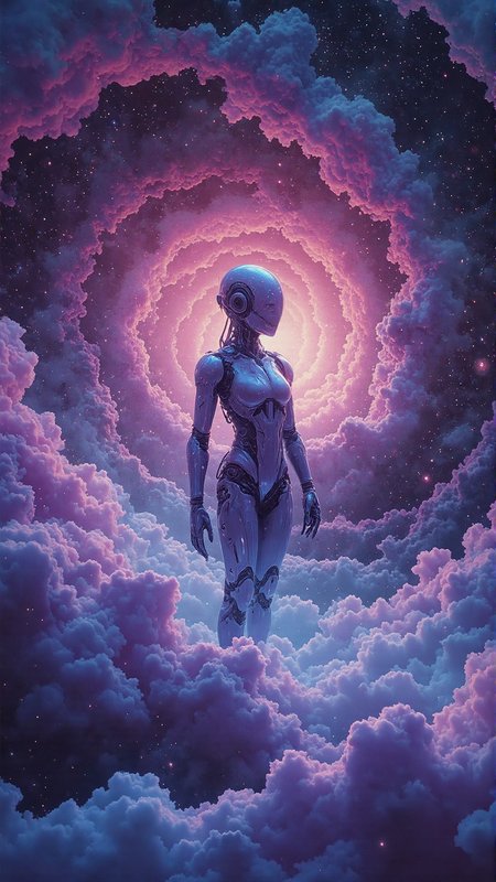 In a swirling vortex of purple and blue hues, an android rises from the heart of a spiraling galaxy. Its metallic body glows with an ethereal light, as if infused with the essence of stars. The Impossible shapes surrounding it take on a life of their own, twisting and contorting in impossible ways, as if drawn by some unseen force.  The camera's eye captures this surreal scene through the lens of a double exposure photograph, blending the android's presence with the celestial backdrop. As the sun rises over the horizon, its warm rays backlight the android, casting an otherworldly glow across, <lora:Flux_Turbo_Alpha.safetensors:1.0> <lora:special-style.safetensors:0.7> ethereal dreams, glowing ethereal visuals <lora:aidmaImageUprader-FLUX-v0.3.safetensors:0.4> aidmaimageupgrader