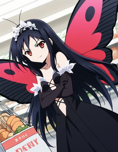 score_9, score_8_up, score_7_up, source_anime, <lora:accelworld-kuroyukihime-s1-ponyxl-lora-nochekaiser:1>, kuroyukihime, long hair, black hair, red eyes, antenna hair,, gloves, dress, bare shoulders, hairband, wings, elbow gloves, butterfly wings, black dress, center opening, collarbone, long skirt, frills, headdress, black headdress,, grocery store, cashier, shopping bag, scanning items, small talk, everyday routine, , crossed arms, smug, looking at viewer, solo,, dutch angle, cowboy shot