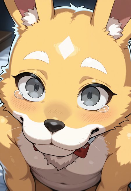 masterpiece,best quality, amazing quality, 1boy, solo, plushtr4p, bunny boy, grey eye, yellow fur, yellow chest, close up,