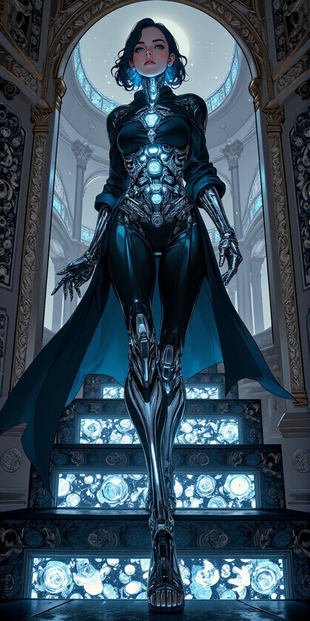 cyberpunk style beautiful cyborg girl with robotic body, painted black with glowing tattoos,  wearing transparent silk robes walks down stairs made of black basalt and diamonds, eerie atmosphere, mystery and sacred, asymetric composition, fractal glass, intricate details, cyberpunk scene, anime ink outlines, <lora:BLUE_mk4_angel_FLUX_03:1>  <lora:BioInk2FLUX:1><lora:flux-photo-transparent_Alpha_1.0:1> <lora:CPA:1>