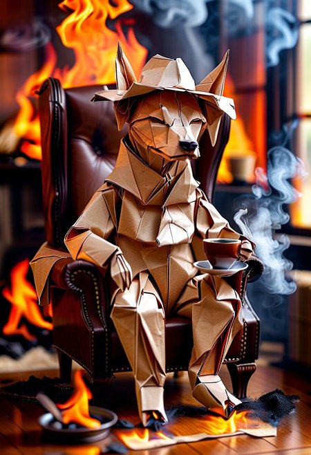 origami anthropomorphic dog sitting in chair in burning living room, holding coffee cup, surrounded by flames and smoke, wearing hat