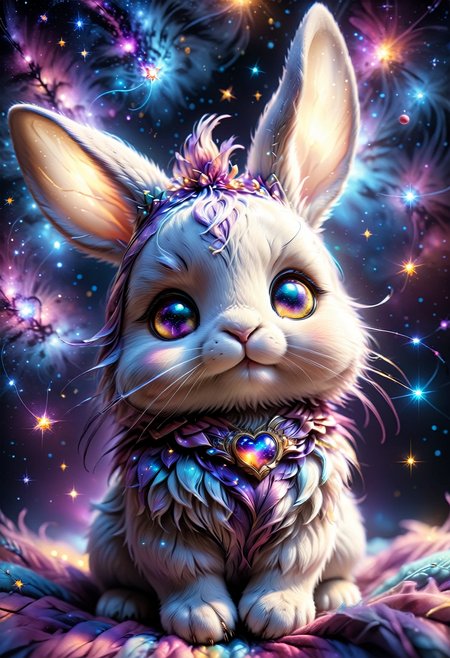 (((videogame_style))), (sharp focus:1.2), lineart, flat color, monochrome, greyscale, depth of field, bokeh, 8k, OLED, 1 baby bunny, being playful, wearing ribbon choker in different colours, different fur, super cute,, The bunny raises its paws towards the viewer, in the galaxy, space bunny lying on a ruffled pillow in the clouds,purple pillow, lluminated by the ethereal glow of cosmic lightning, the light is reflecting shadows on the cute animal, for the viewer, it appears alive, as if a glimpse of its inner sparkle is possible, star sky, peacful and grateful atmosphere, painted hearts, magical atmosphere, close up, (((cuteness overload))), <lora:detailed_notrigger:0.9>, zhibi <lora:zhibi:0.8>, <lora:tweak-detail-xl:0.7> <lora:Jed-Cosmos-sdxl:0.7> Jed-Cosmos