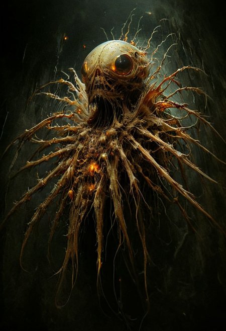 bioluminescent vintage mechanical spider-hunter, otherworldly,
god of death in the cage, rage, beast, dead of cyborg corpses piled up and rotting in a crypt, 
golden cobweb, web, dark chalk mine, necromancy magic, rust, rustic, dark atmospheric haze, 
dramatic scene, fractal art, dark fantasy style, horror style,
full body, highly detailed face, dynamic angle, panoramic wide angle shot, 
art by Carne Griffiths and  Art by Yosuke Ueno and Annie Leibovitz,
best quality, masterpiece, photo realistic, highly detailed, approaching perfection, dynamic, trending on artstation, sharp focus, intricate details, epic scene, cinematic lighting