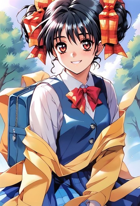 ASCII <lora:pony_xl_narusawa:0.8>,narusawa,score_9,score_8_up,score_7_up,source_anime,1girl, black hair,looking at viewer,school uniform,long sleeves, white sleeves, vest, blue vest, pleated skirt,plaid skirt,socks,loafers,cowboy_shot,smile, school, masterpiece, best quality,